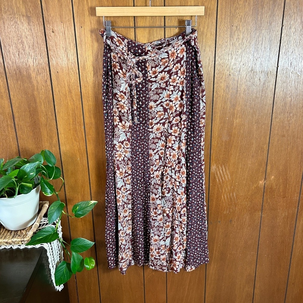 Angie Floral Patchwork Wide Leg Pants Burgundy Boho Palazzo Trousers Small